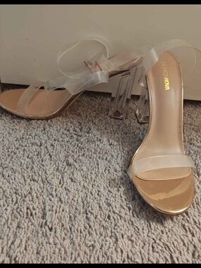 Fashion Nova Nude Patent & Clear Strappy Block Heel Sandals